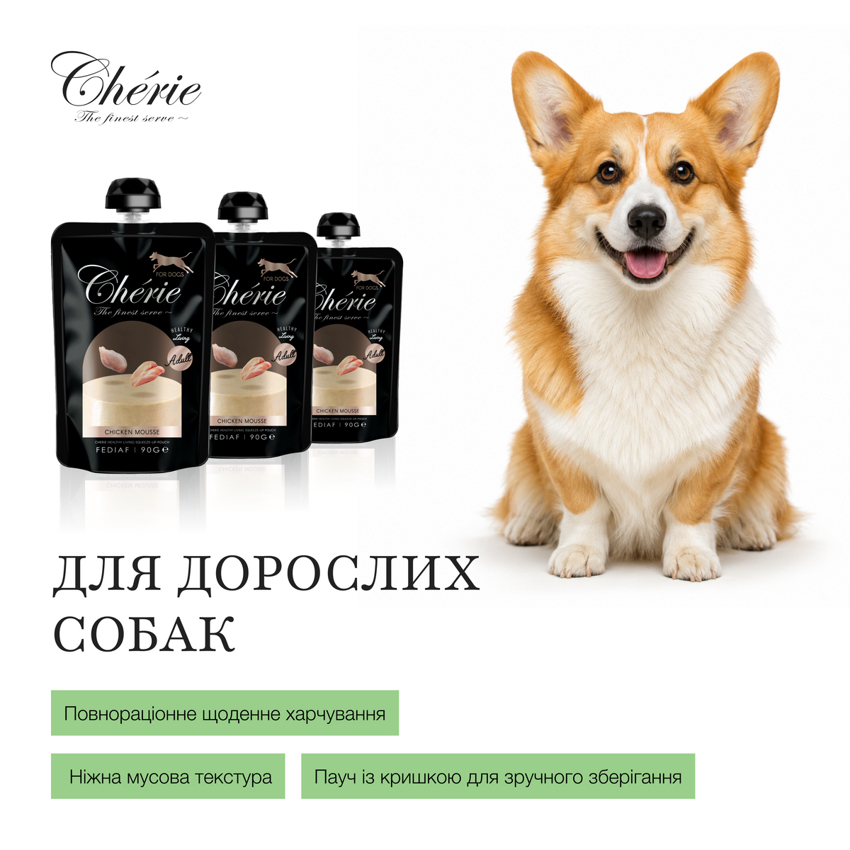 ВОЛОГИЙ КОРМ-МУС ІЗ КУРКИ ДЛЯ ДОРОСЛИХ СОБАК, 90 г