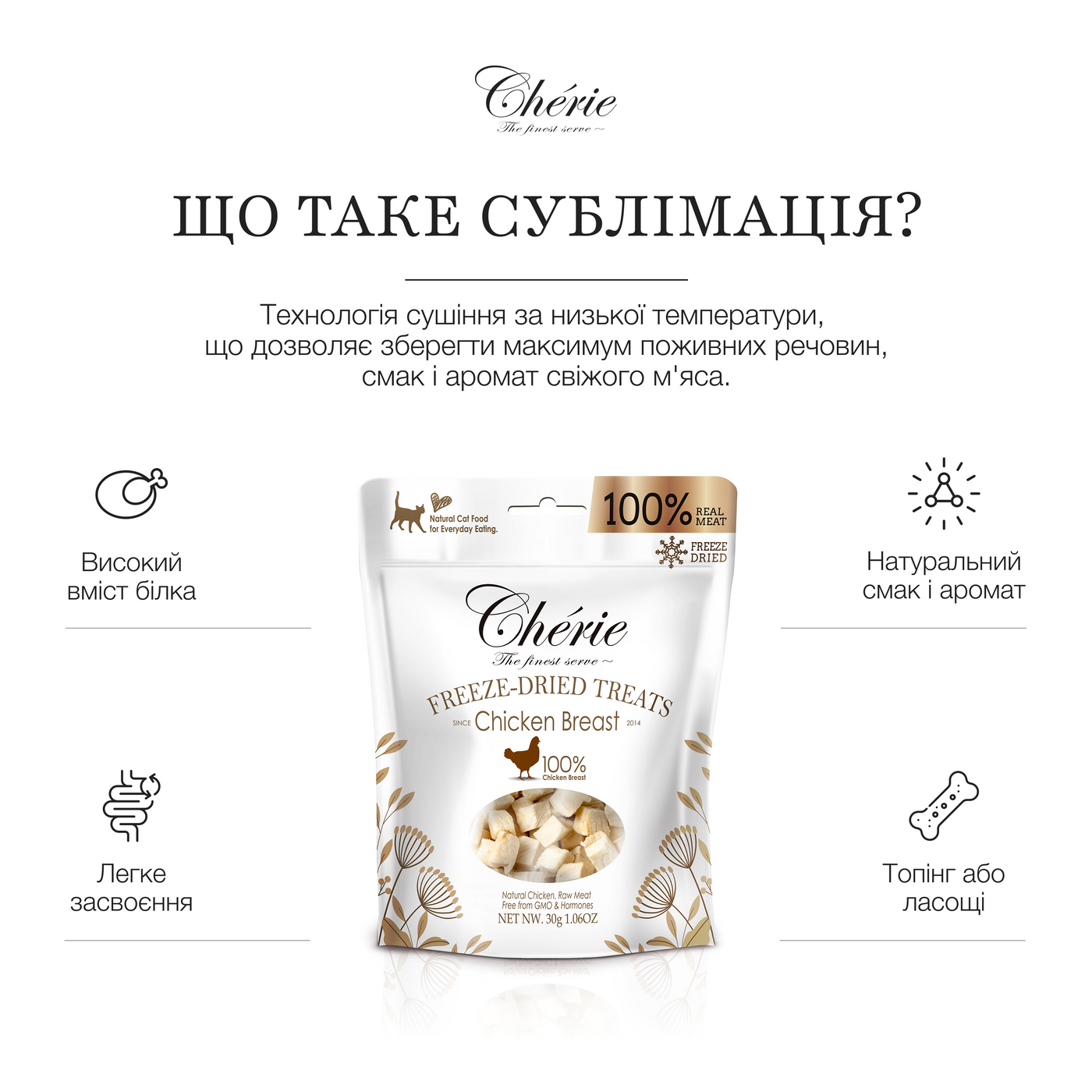 СУБЛІМОВАНІ ЛАСОЩІ З КУРКИ ДЛЯ КОТІВ, 30 г