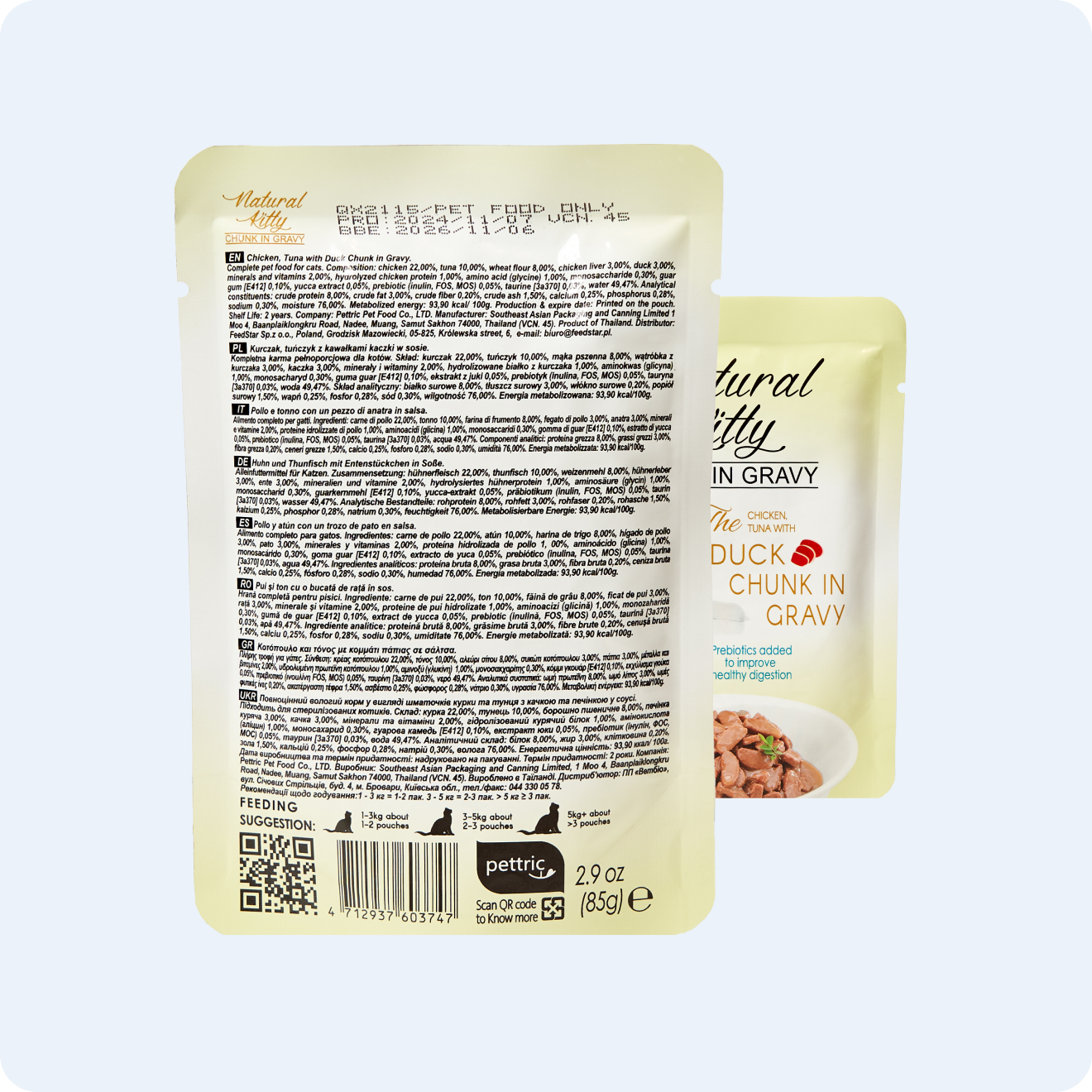 ВОЛОГИЙ КОРМ ДЛЯ КОТІВ ШМАТОЧКИ ТУНЦЯ, КУРКИ ТА КАЧКИ В СОУСІ 85 г